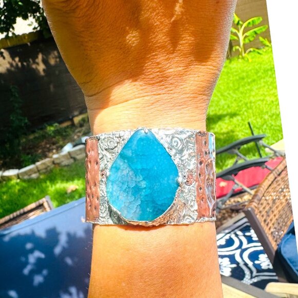 Rustic Copper & Silver Hammered Cuff Bracelet W/ Blue Agate Teardrop Gemstone - Picture 1 of 13